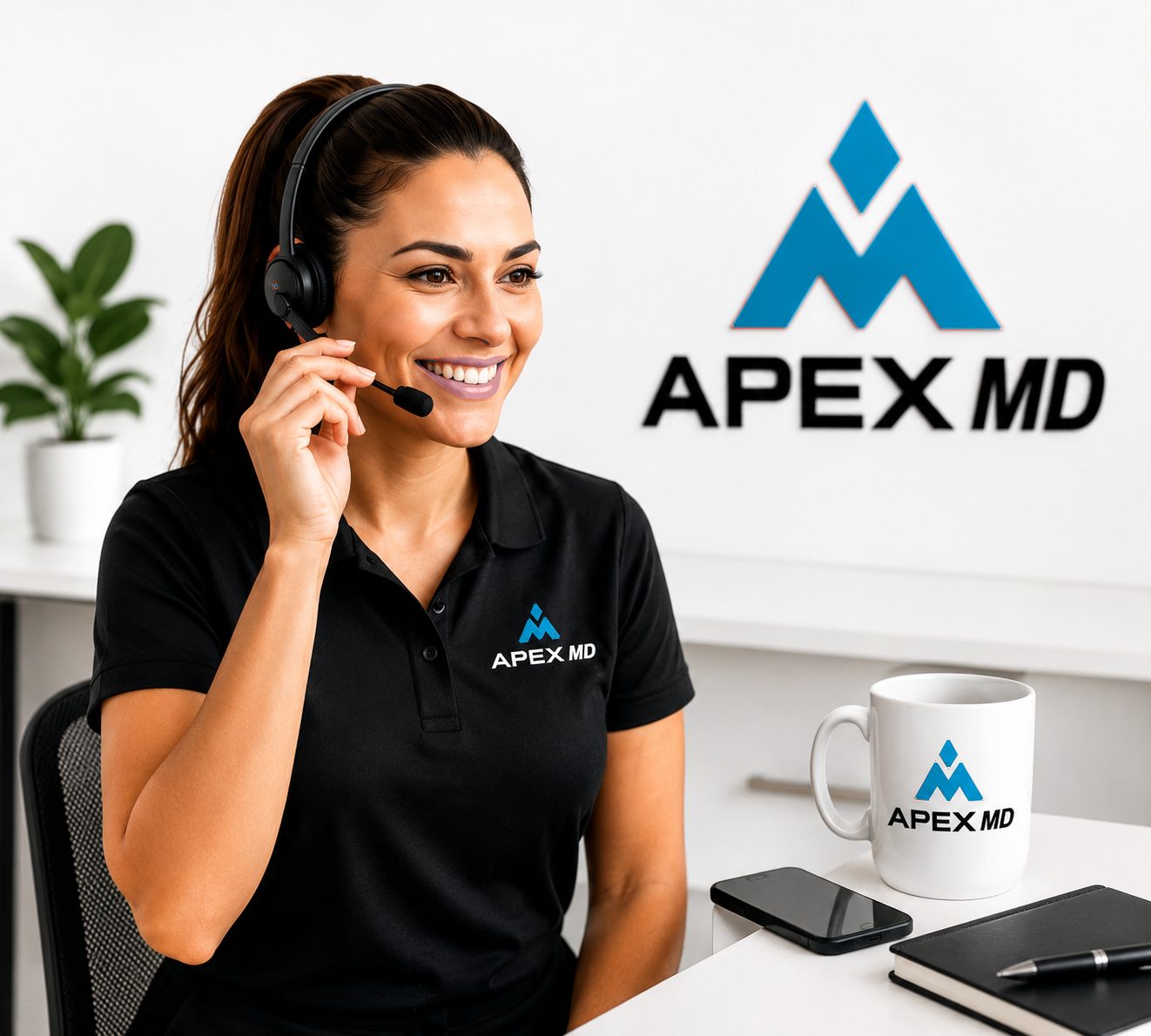 Apex MD support specialist on a headset