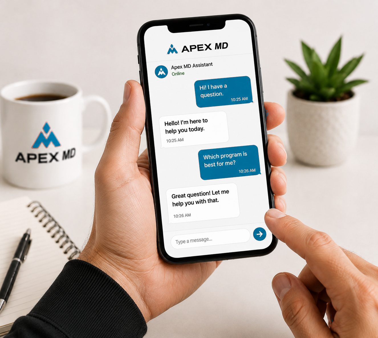 Apex MD assistant chat on a phone