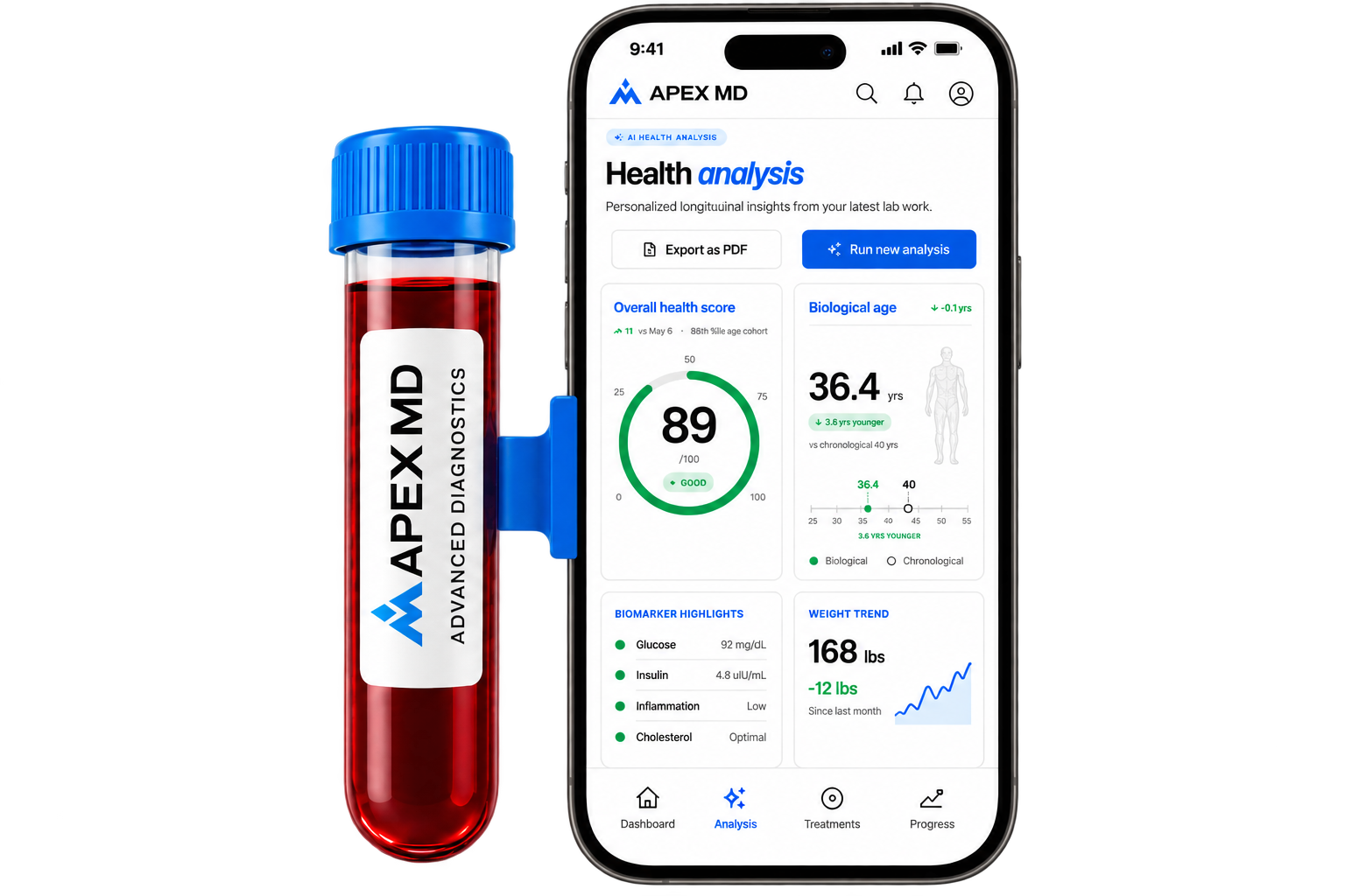 Apex MD blood vial and health analysis in the app