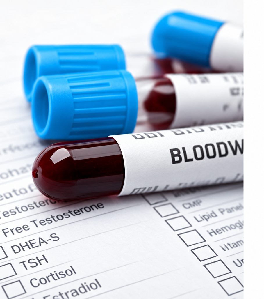 Blood collection tubes on a hormone lab requisition