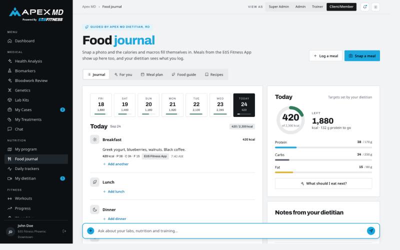 The food journal: a week of logged meals, today’s macros against target, and notes from your dietitian