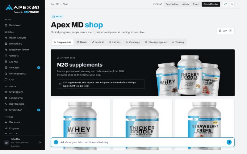 The Apex MD shop: supplements, merch, medical, lab kits, concierge, fitness programmes and training