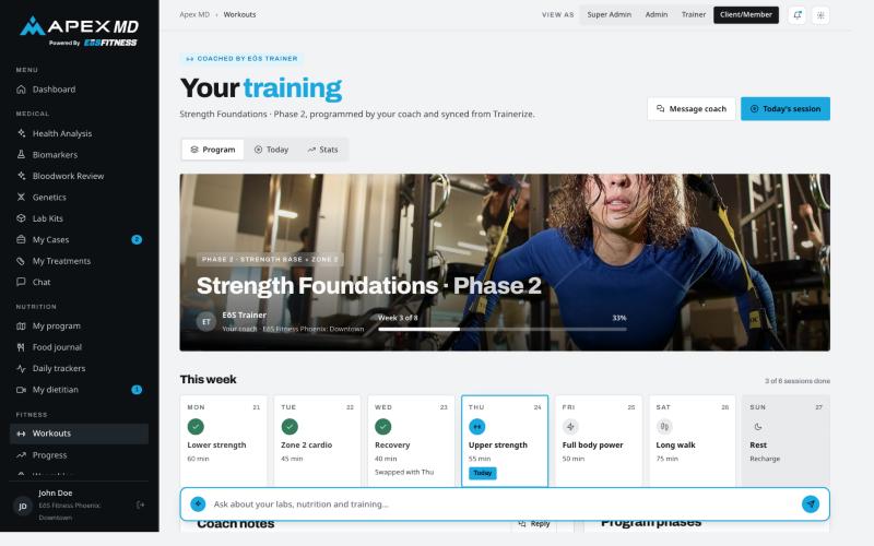 The training view: a phased programme synced from Trainerize, this week’s sessions, and notes from your coach