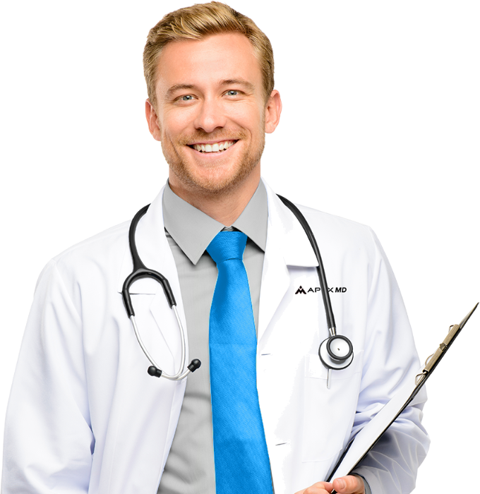 Apex MD provider with a stethoscope and chart