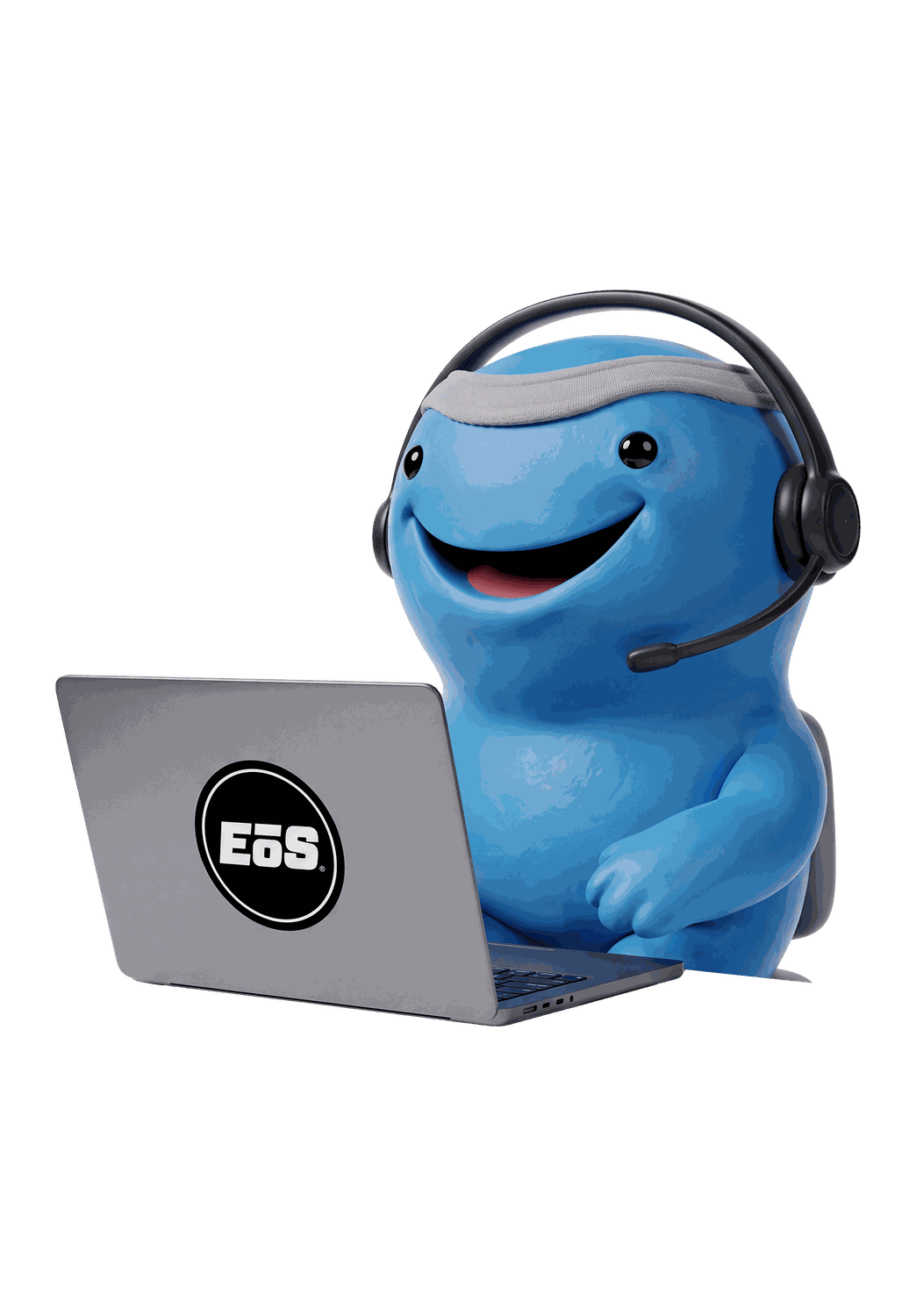 Mascot on a headset at a laptop