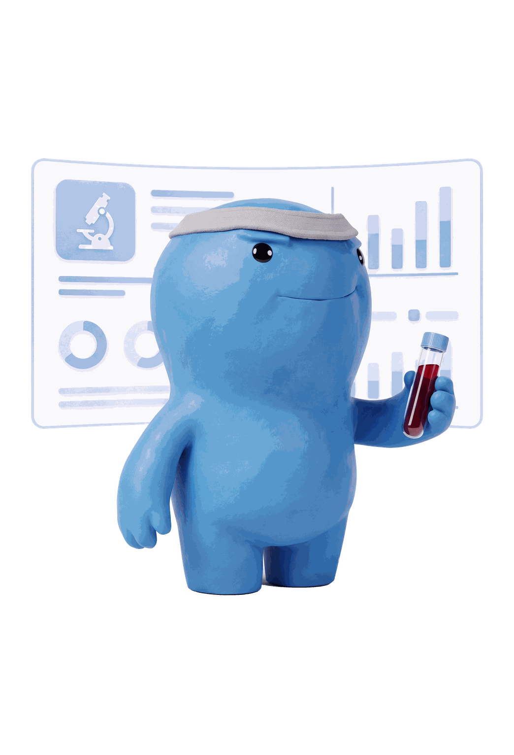 Mascot holding a blood vial beside a lab report