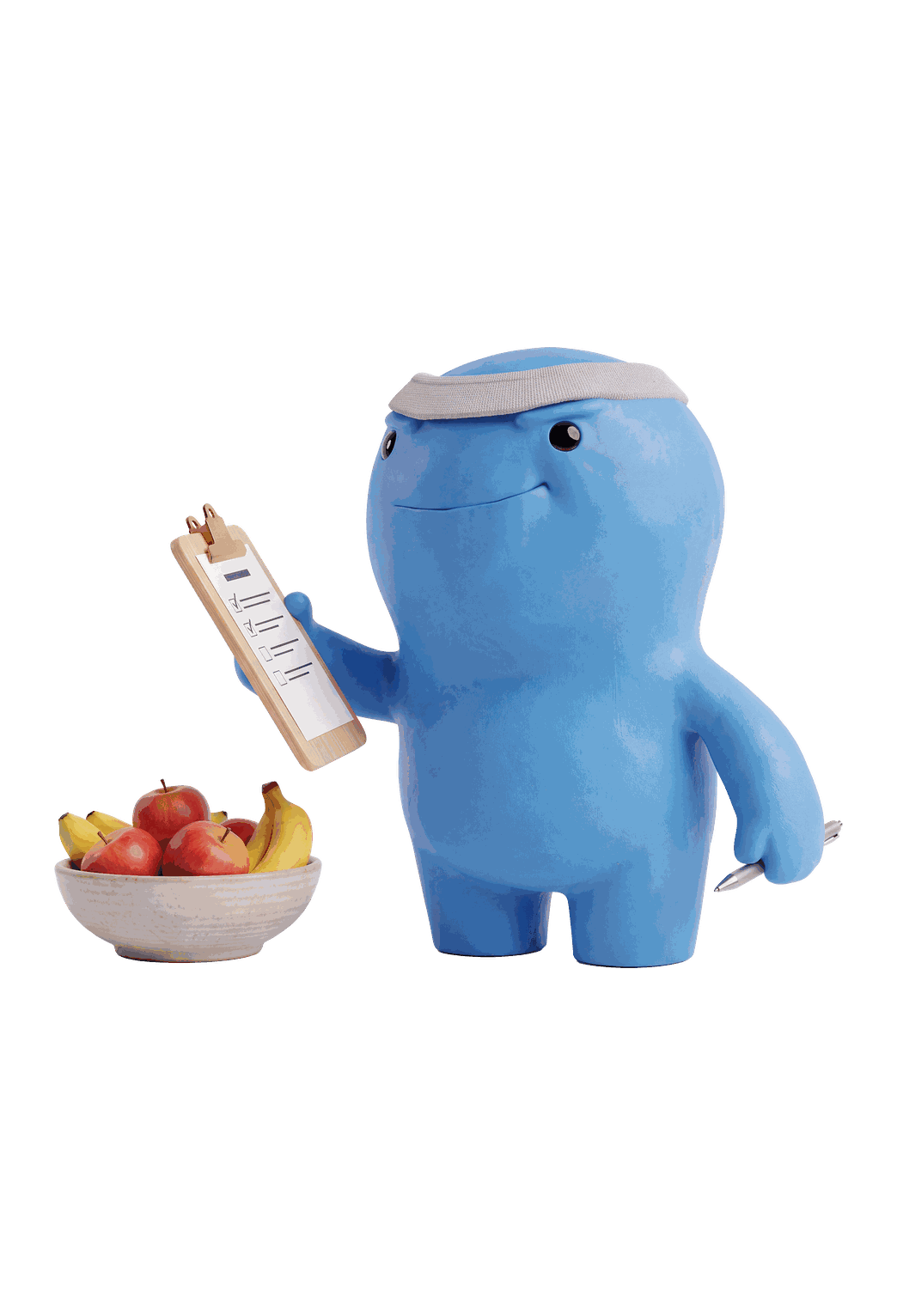 Mascot with a checklist, kettlebell and nutrition